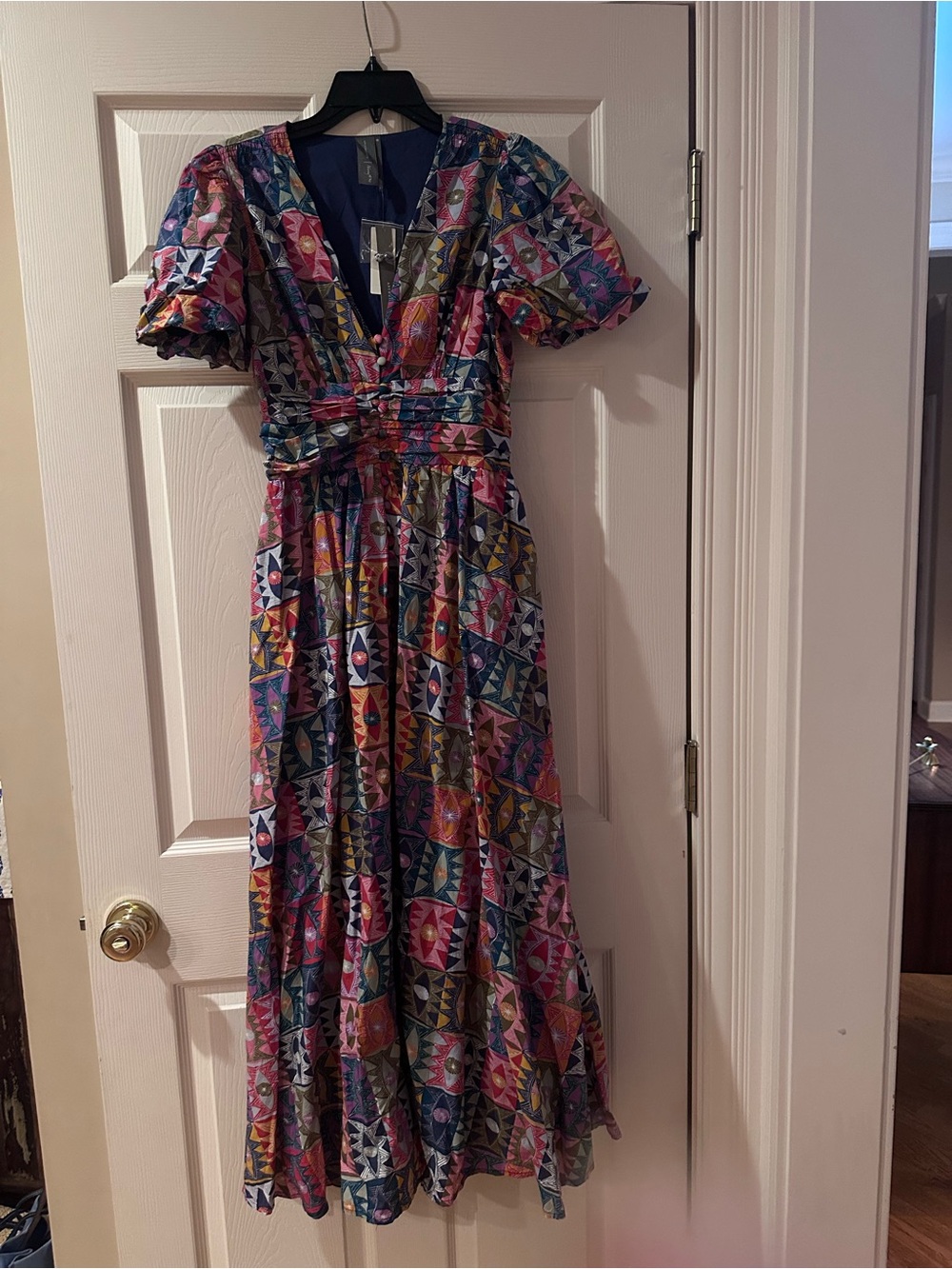 Anthropologie Patchwork-Print V-Neck Maxi Dress in Pink and Blue